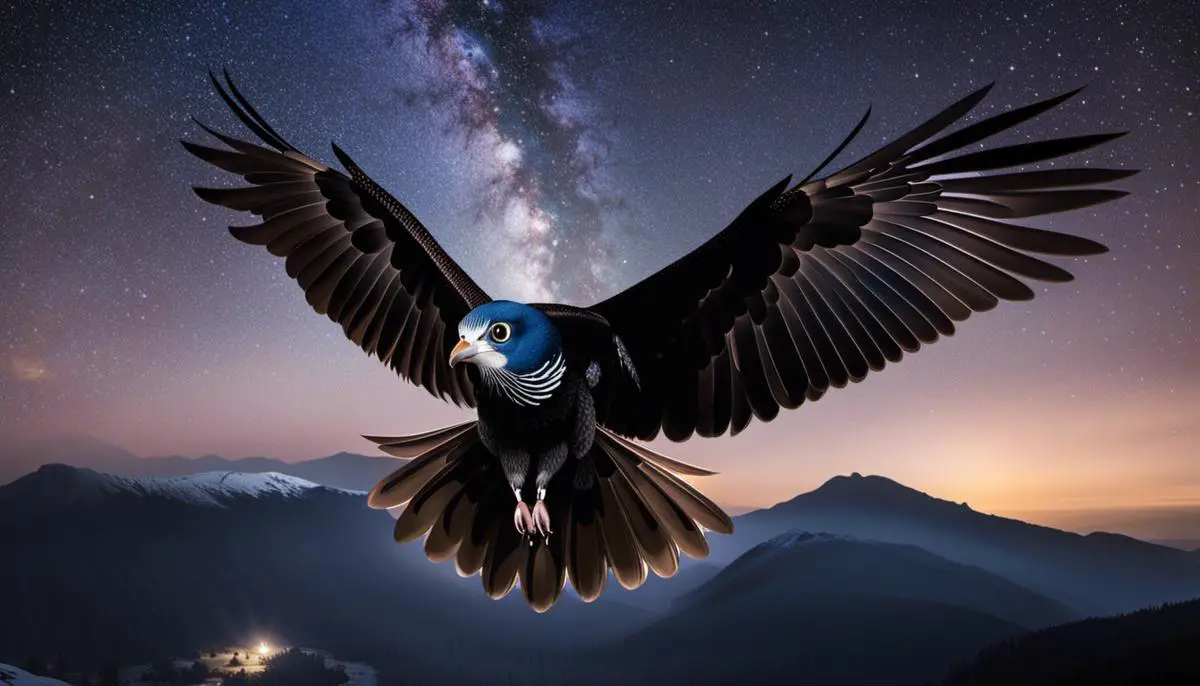 An image showing a bird flying at night, with stars in the background and its enhanced eyesight visualized in its large, front-facing eyes.