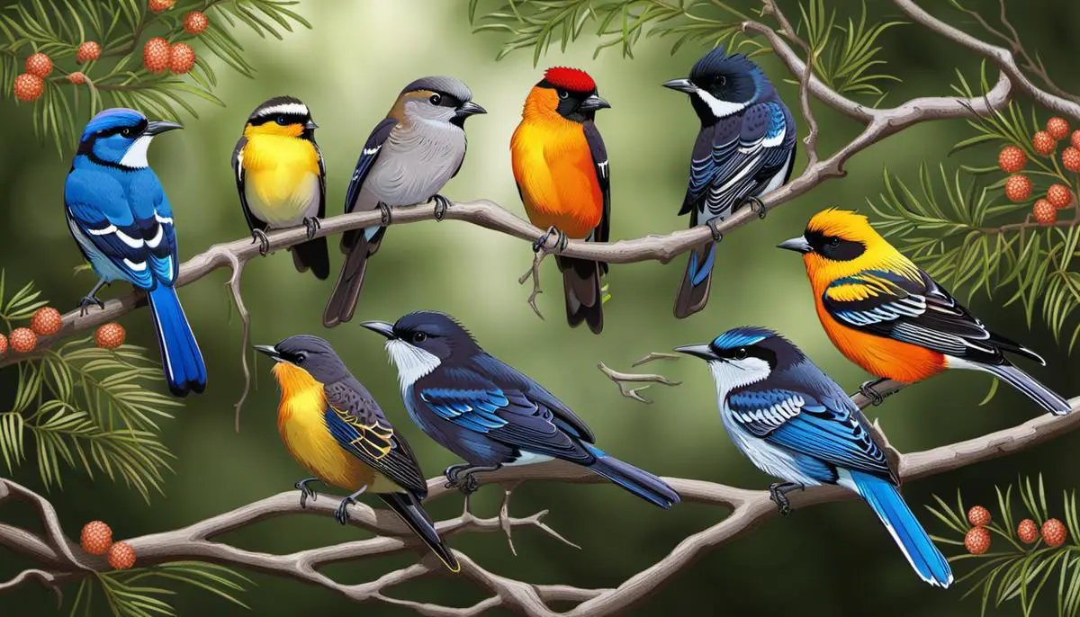 Image of various nocturnal birds perched on tree branches.